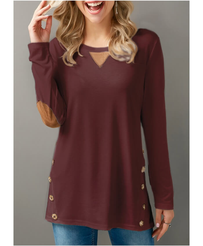 Long Sleeve Patchwork Button Detail T Shirt